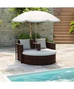 Lettino da Giardino con Ombrellone Marrone in Polyrattan