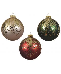 Sfera di Natale in Vetro color Perla - Verde - Rosso decoro Oro - 8 cm
