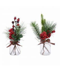 Vasetto decorativo con pigne e bacche rosse