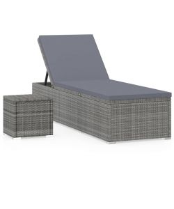 Lettino Prendisole con Cuscino e Tavolino in Polyrattan Grigio