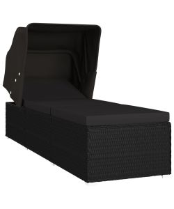 Lettino Prendisole con Tettuccio e Cuscino in Polyrattan Nero