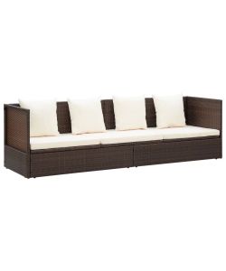 Lettino da Giardino con Cuscini in Polyrattan Marrone