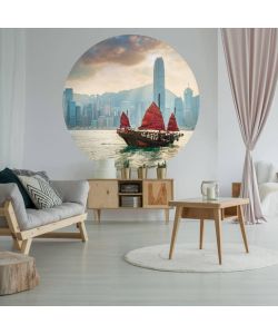 WallArt Cerchio Carta da Parati Skyline with Junk Boat 142,5 cm