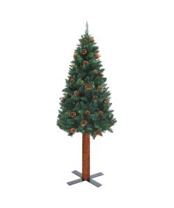Albero di Natale Sottile con Legno Vero e Pigne Verde 180cm PVC