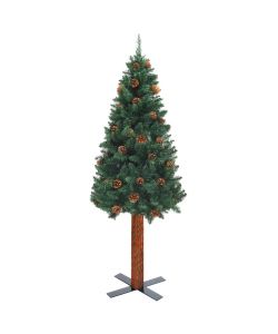 Albero di Natale Sottile con Legno Vero e Pigne Verde 210cm PVC