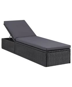 Lettino Prendisole in Polyrattan Nero e Grigio Scuro