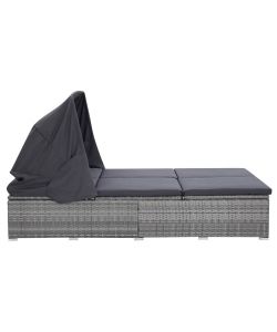 Lettino Prendisole a 2 Posti con Cuscino in Polyrattan Grigio