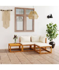 Set Divani da Giardino 4 pz con Cuscini Crema in Legno Acacia