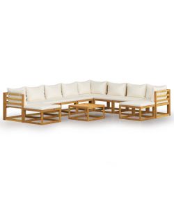 Set Divani da Giardino 11 pz con Cuscini Crema in Legno Acacia