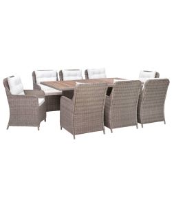 Set da Pranzo da Giardino 9 pz con Cuscini Polyrattan Marrone