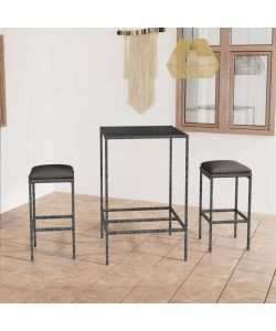 Set Bar da Giardino 3 pz con Cuscini in Polyrattan Grigio