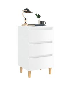 Comodino con Gambe in Legno Massello Bianco Lucido 40x35x69 cm