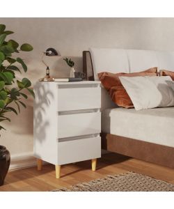 Comodino con Gambe in Legno Massello Bianco Lucido 40x35x69 cm