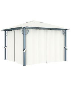 Gazebo con Tende Stringa di Luci LED 300x300 cm Crema Alluminio