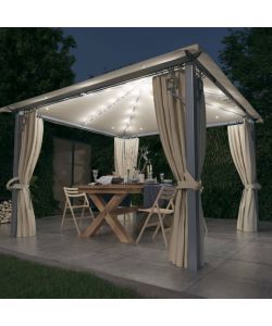 Gazebo con Tende Stringa di Luci LED 300x300 cm Crema Alluminio