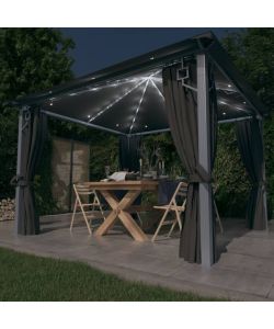 Gazebo con Tende e Luci LED 300x300 cm Antracite in Alluminio