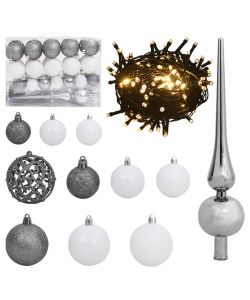 Set Natale con 61 Palline Punta e 150 Luci LED Bianco e Grigio