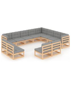 Set Divani da Giardino 12 pz con Cuscini Legno Massello di Pino