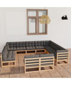 Set Divani da Giardino 12 pz con Cuscini Legno Massello di Pino