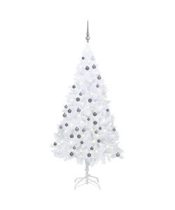 Set Albero Natale Artificiale LED e Palline Bianco 150cm PVC