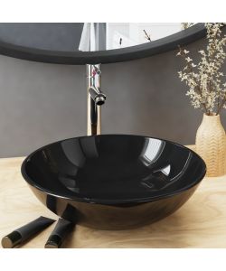 Lavandino Bagno con Rubinetto e Piletta in Vetro Temperato Nero