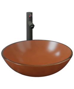 Lavandino con Rubinetto e Piletta in Vetro Temperato Marrone