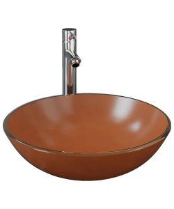 Lavandino con Rubinetto e Piletta in Vetro Temperato Marrone