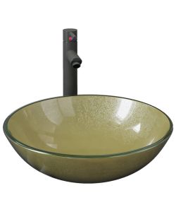 Lavandino Rubinetto e Piletta a Pressione Vetro Temperato Oro