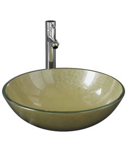 Lavandino Rubinetto e Piletta a Pressione Vetro Temperato Oro