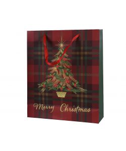 Busta regalo tartan e decoro albero 32h cm