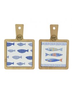 Kitchen Goods Tagliere in Legno e Porcellana 18x12 cm Decoro Pesci Blu