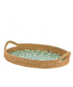 Vassoio Ovale Rattan con Manici 36x24x4 cm - Decoro Foglie Verdi
