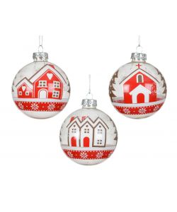Decoris Sfera di Natale in Vetro Trasparente con Decoro Casetta - 8 cm