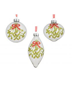 Decoris Sfera di Natale di Vetro Trasparente con Foglie e Glitter Rossi - 8 cm