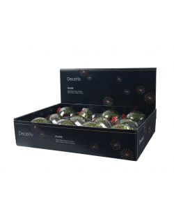 Decoris Sfera di Natale di Vetro Trasparente con Foglie e Glitter Rossi - 8 cm