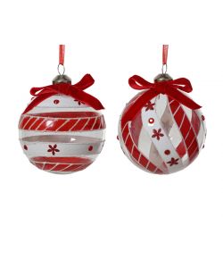Decoris Sfera di Natale Vetro Trasparente - Glitter e Nastro Rosso - 8 cm