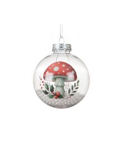 Sfera Natalizia Decorativa Trasparente 8cm con Funghi e Neve