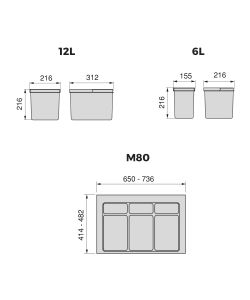 Emuca Contenitori per raccolta differenziata, 12 L+12 L+6 L+6 L, modulo 800 mm, Plastica, Grigio antracite.+ Base