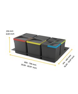 Emuca Contenitori per raccolta differenziata, 12 L+12 L+6 L+6 L, modulo 800 mm, Plastica, Grigio antracite.+ Base