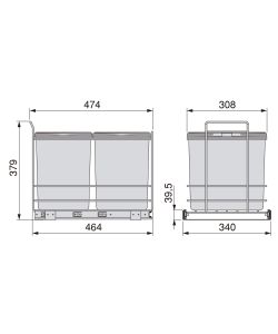 Emuca Pattumiera per differenziata Recycle da cucina, 2 x 16 L, fissaggio sul fondo ed estrazione manuale, Tecnoplastica grigio antracite 1 UN