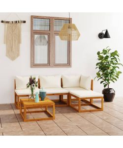 Set Divani da Giardino 5 pz con Cuscini Crema in Legno Acacia