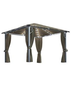 Gazebo con Tende e Luci LED 300x300 cm Grigio Talpa Alluminio